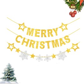 Glitter Merry Christmas Banner and Silver Snowflake Golden stars Hanging Garland Kit Paper Bunting for Party Christmas Decoration Festival Celebration Indoors Outdoors Hanging String Flag