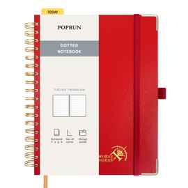 POPRUN Spiral Bullet Dotted Journal Notebook, [B5 Size] - 120 Gsm Thick Paper, 220 Numbered Pages, Wirebound Notepad for Men & Women with Pocket, Index Tabs, 8 Perforated Sheets, Red
