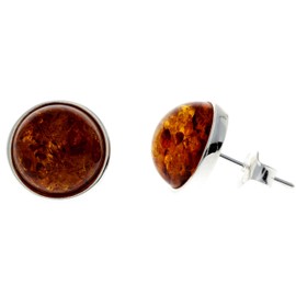 Genuine Natural Cognac Baltic Amber and 925 Sterling Silver Classic Round Studs 11 mm Earrings - GL189C10
