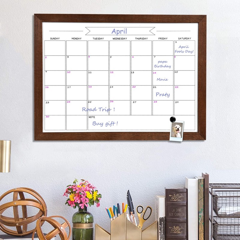 Dry Erase Monthly Calendar Whiteboard, Magnetic White Board for Wall,Brown