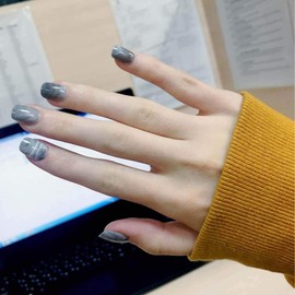 Sakytal Short Square Press on Nails Grey Marble Fake Nails Glossy Full Cover Acrylic False Nails for Women and Girls (24Pcs)