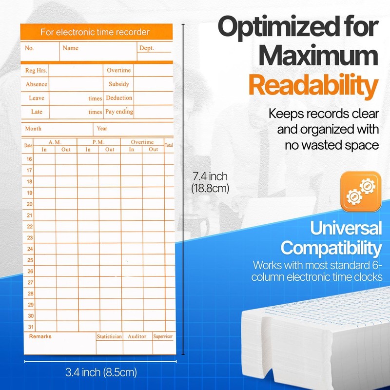 Flexzion Monthly Time Cards for Employees - Dual-Sided, Orange/Blue Attendance