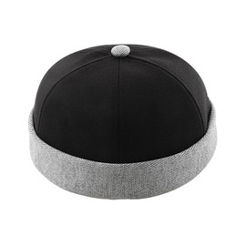 Mens Docker Beanie Cap Tweed Velcro Brimless Hat Rolled Cuff Retro Worker Harbour Hat, Black Grey