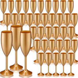 Domensi 40 Pcs Champagne Flutes Bulk Acrylic Goblet 6oz Wine Glasses Toasting Drinking Unbreakable Reusable High Stem Champagne Cup for Wedding Birthday Anniversary Party (Gold)