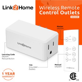 Link2Home Wireless Remote Control Outlet Light Switch, 100 ft range, Unlimited Connections. Compact Side Plug. Switch ON/OFF Household Appliances. FCC CSA Certified, White (3 Outlets, 1 Remote).