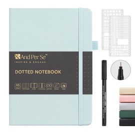 &And Per Se Dotted Journal Notebook, A5 Hardcover Leather Bullet Dotted Journal, 176 Numbered Pages 100gsm Thick Dotted Paper, 2 Sheets of Stencils Included - 5.7'' x 8'' (Cyan)