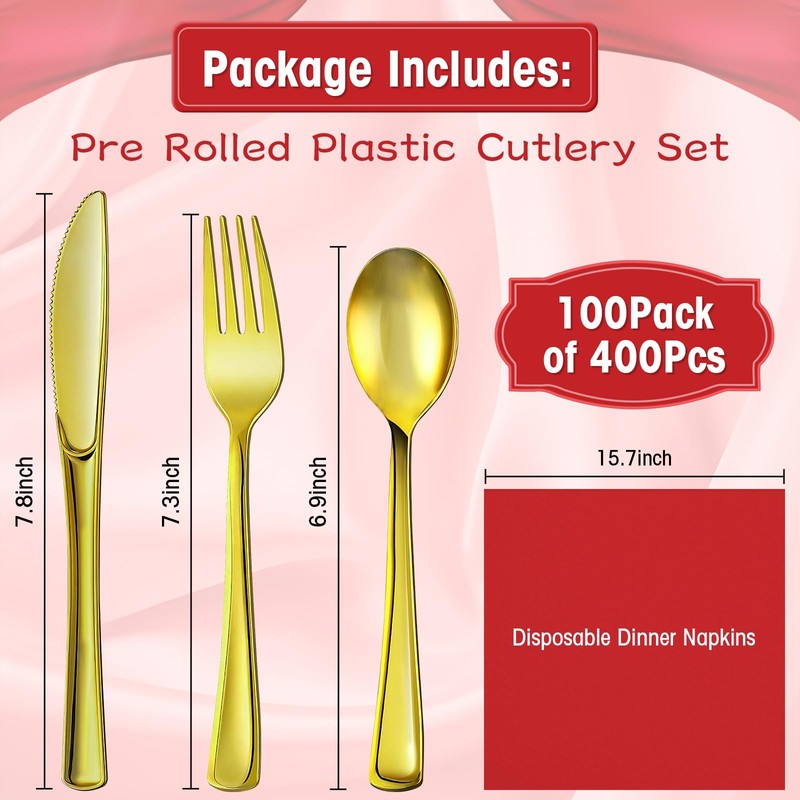 Pre Rolled Gold Plastic Silverware with Red Napkins, 100Pack Red