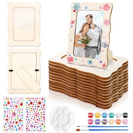 Fovths 12 Pcs Wooden Picture Frames, 7.5" x 5.5" Unfinished Wood Photo Frames with Stand, DIY Wooden Craft Frame with Stickers Painting Tools for Craft Paint and Decorate, Tabletop Display