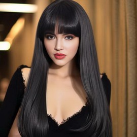 Leuik Black Wig With Bangs For Girls|Long Colored Wigs for Women (Black)