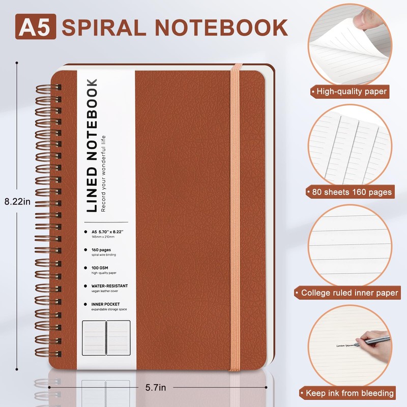 Lined Spiral Journal Notebook, A5 Hardcover Leather Notebook for Work,