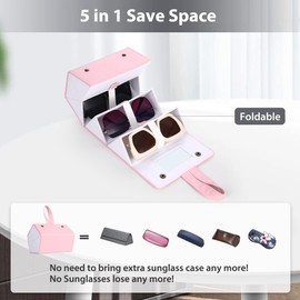 Muf Travel Sunglass Organizer, 5-Slot Leather Case for Multiple Sunglasses, with Mirror & Strap, Storage for Oversized Glasses for Men & Women, Light Pink