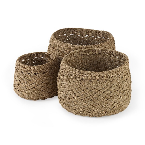 Mercana Jarek Medium Brown Seagrass Basket Cross Weave Round Basket