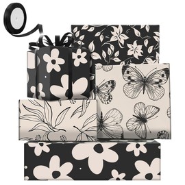 Butterfly Daisy Floral Plant Gift Wrapping Paper, 4 Designs for Girls Lady Women, Elegant Flower Black and Grey Gift Wrap for Birthday Bridal Shower Engagement Wedding Holiday Anniversary