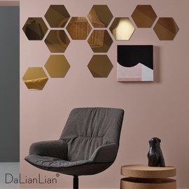 DaLianLian 12 PCS Hexagon Mirror Stickers for Wall Decor DIY Acrylic Self-Adhesive Aesthetic Decals Wall Art Mirror Tiles for Home Living Room Bedroom Background Decoration (Gold)