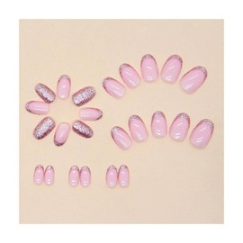 AWAVM 24PCS Almond Press on Nails Short, French Tip Fake Nails Glossy Pink Glitter False Nails with Glue Stickers, Oval Acrylic Full Cover Glue on Nails for Women and Girls