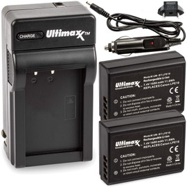 Ultimaxx AC/DC Rapid Home & Travel Charger with 2x LP-E10 Extended Life Battery (1600mAh / 7.4V / 11.8Wh) for Canon EOS Rebel T3, T5, T6, T7, 6D, Kiss X50, Kiss X70, EOS 1100D, 1200D, 1300D, 2000D