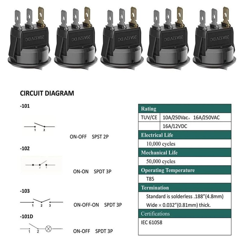 20Pcs Rocker Switch 3 Pin 2 Position 12V Toggle On