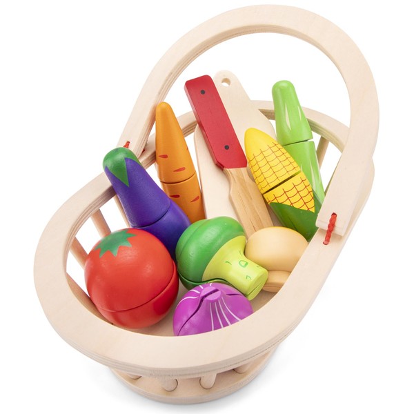 New Classic Toys 10589 Wooden Pretend Play Kids Cutting Meal Vegetable Basket Cooking Simulation Educational Color Perception Toy for Preschool Age Toddlers Boys Girls, Multi-Colour Colour