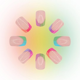MERVF Square Press on Nails Medium Fake Nails Ombre French Tip Colorful Design Glue ons Summer Acrylic Squoval False Nail Supplies Art DIY 24pcs Glossy