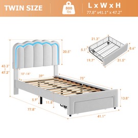 Jocoevol Twin Upholstered LED Bed Frame with Storage Drawer and Adjustable Chic Double Wavy Headboard, Velvet Prince Platform Bed for Boys/Kids, Solid Wood Slats Support, No Box Spring Needed, Grey