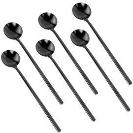 6 Pcs Black Coffee Spoons for Coffee Bar, Small and Long Espresso Spoon Stirring Spoons, Stainless Steel Korean Spoon, Cucharas Para Cafe Suitable for Home Restaurant Use (Black)