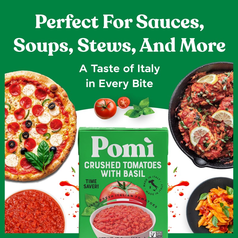 Pomì Crushed Tomatoes with Basil - Creamy, Velvety Italian Sauce,