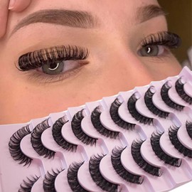 Natural False Eyelashes, 3D Cat Eye Lashes, Fluffy Strip Eyelash Set, Natural Look Extensions, Fake Lashes, D Curl, Russian Strip, False Eyelashes, Reusable, 12 Pairs, Volume, Handmade, Artificial