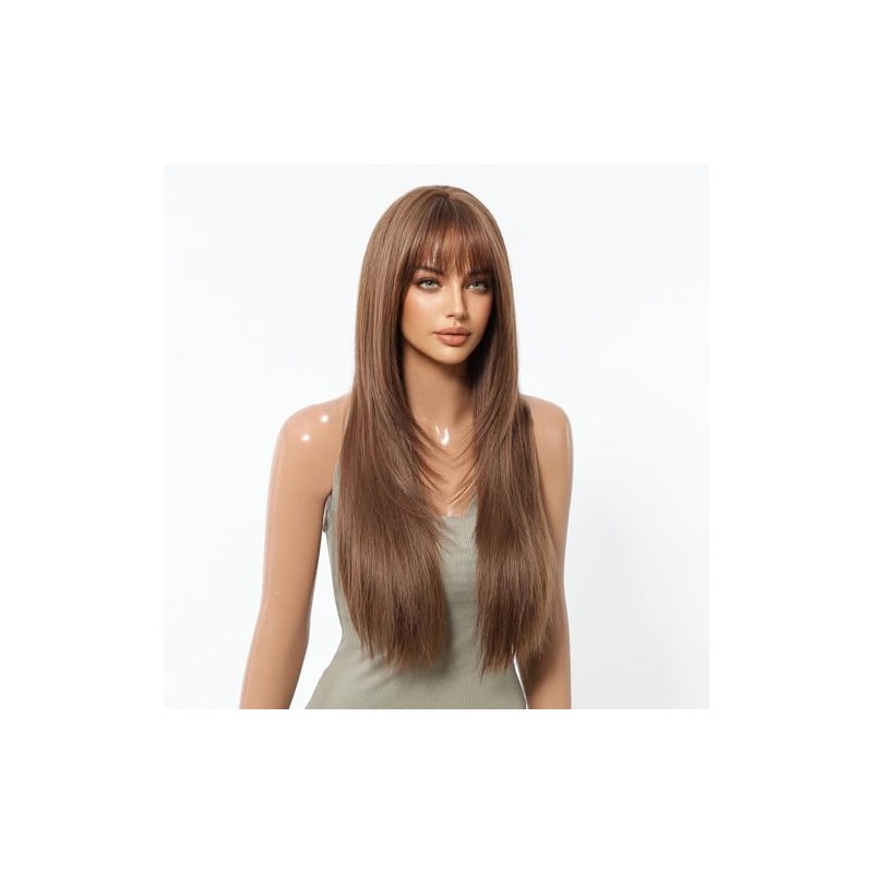 Peluca Larga con Flequillo Recto - Cabello Natural para Mujer