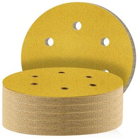 STEBRUAM Velcro Sandpaper 150 mm, 6 Holes, 60 Grit Sanding Sheets, Sanding Discs for Random Orbital Sanders, Mixed Grain for Wood, Metal and Colour, Pack of 50, Yellow