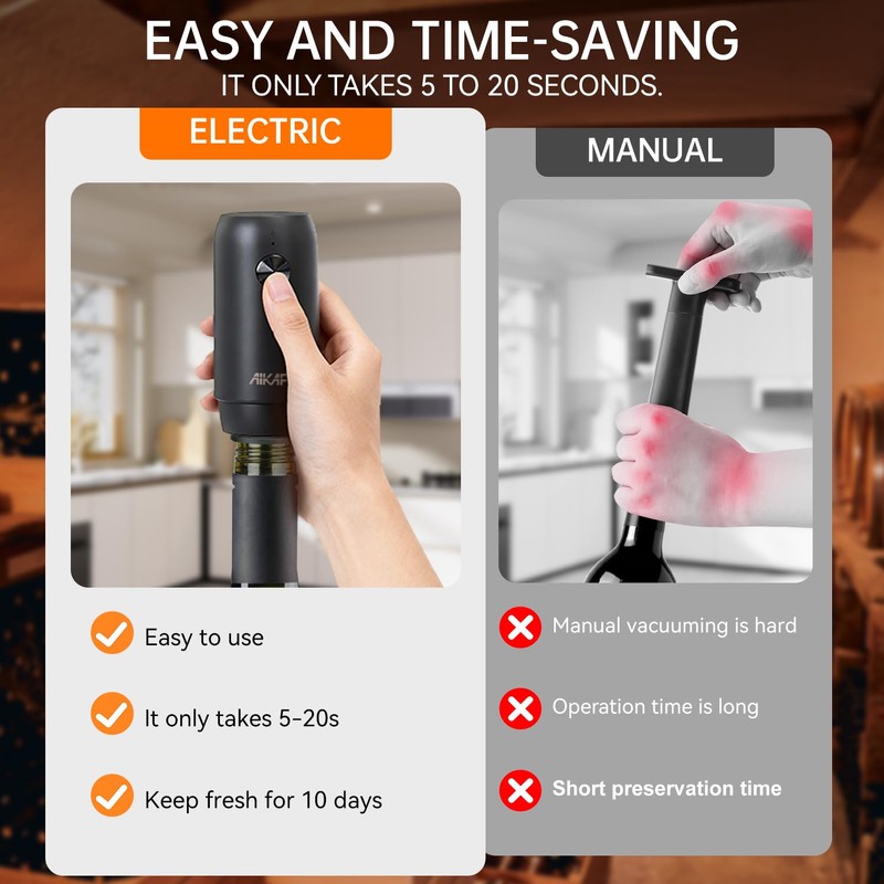 AIKARO - 電動ワイン真空ポンプ（ボトルストッパー2個付き）、自動ワイン保存器、充電式