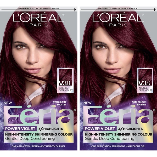 L'Oreal Paris Feria Multi-Faceted Shimmering Permanent Hair Color, V38 Violet Noir, Pack of 2, Hair Dye