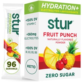 Stur Electrolytes Powder Hydration Packets | Fruit Punch | Sugar Free Water Flavor Packets for Workout Recovery | High Antioxidants & B Vitamins | Keto, Vegan, Non-GMO, Paleo, 96 Packets