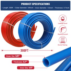PEX Pipe 1/2 Inch 300ft 2 Rolls PEX Tubing EVOH pex-B pipe Non Oxygen Barrier Durable Leakage-Proof Flexible for Residential Water Lines in Homes Pex Radiant Heat Tubing(Red+Blue)