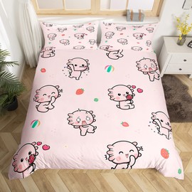 feelingyou Cartoon Axolotl Duvet Cover 135 x 200 cm, Cute Pink Babyfish Duvet Cover for Children Boys Bedroom, Fruit and Heart Print Bedding Set with 1 Pillowcase Bedspread, Soft