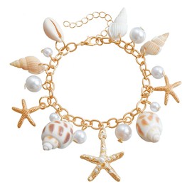 Bohemian Ocean Style Bracelet for Women Fashion Starfish Shell Conch Bracelet Summer Shell Pearl Bracelet Charm Beach Starfish Bracelet Adjustable Summer Bracelets Hawaiian Beach Charm Jewelry (Gold)