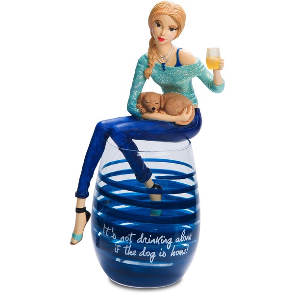 Pavilion Gift Company Hiccup - It's Not Drinking Alone if the Dog is Home! Navy Blue Swirl Wine Glass with Figurine, Blue