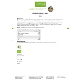 Sanct Bernhard Organic Wheatgrass Powder, Gently Dried, Content 350 g