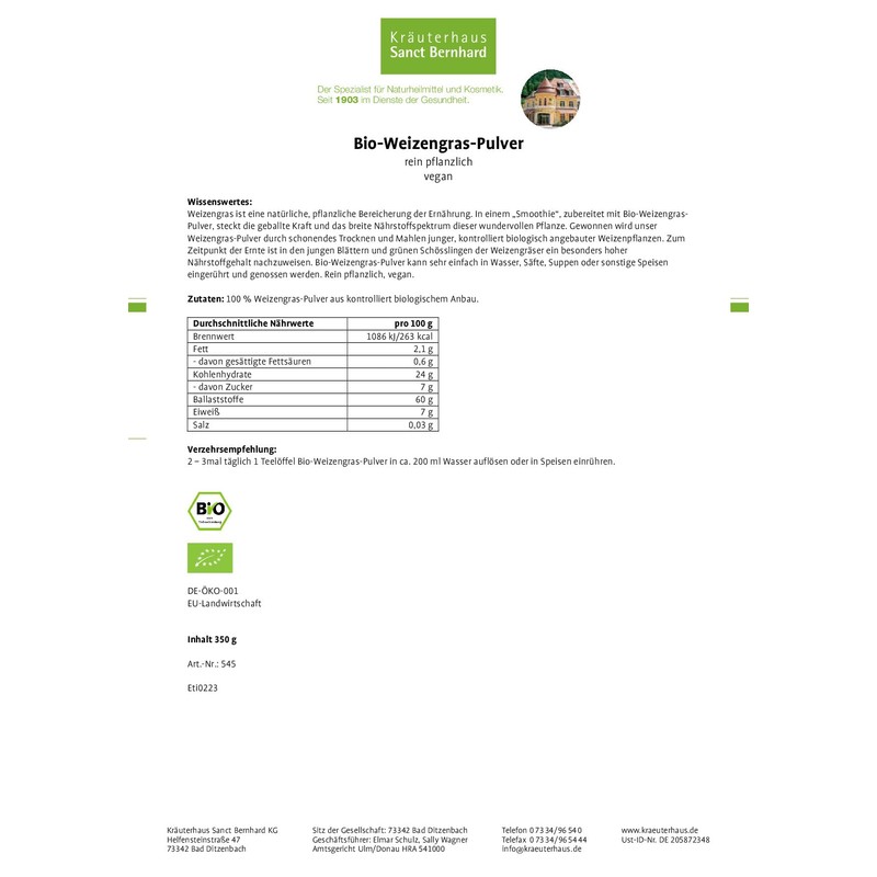 Sanct Bernhard Organic Wheatgrass Powder, Gently Dried, Content 350 g