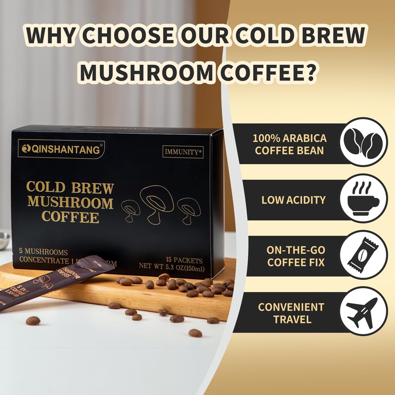 Cold Brew Mushroom Coffee, 15 Packets, Coffee Concentrate Liquid with