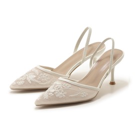 ATBELL Embroidered Mesh Slingback Heels for Women White Pearl Kitten Heel Pumps Pointed Toe Backless Wedding Shoes White Size 9