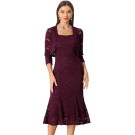 Allegra K 2pc Lace Dress for Women's Sleeveless Fishtail Sheath Dresses and Crop Shrugs Burgundy M