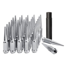 DYNOFIT 14mmx1.5 Spike Lug Nuts, 32PCS Chrome M14x1.5 Lug Nut, 4.4 inch Tall Closed End Nuts with 1 Socket Key Compatible with Chevy Silverado 1500 GMC Sierra 2500 3500,F250 F350 2003-2016