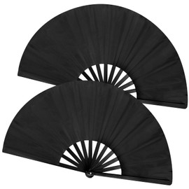 Grevosea 2 Pcs Black Folding Hand Fan, Classic Style Fan Fabric Bamboo Chinese Kung Fu Tai Chi Nylon-Cloth Fans for Dance Wedding Party Favor Performance Home Decoration Festival Gift
