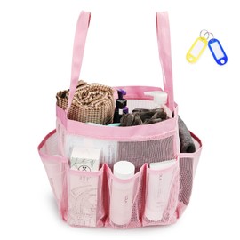 Temede Mesh Shower Caddy Tote, Large Shower Caddy Basket Portable, Quick Dry Hanging Toiletry Bag, 8 Storage Pocket Bath Organizer for College Dorm, Gym, Camp, Travel (Pink)