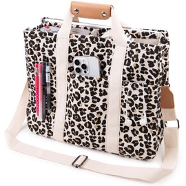 Canvas Tote Bag with Multi Pocket Crossbody Bag for Women Tote Bag with Compartments Adjustable Wide Shoulder Strap Handbag (No zipper)- Leopard