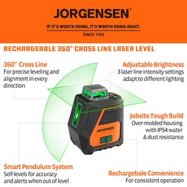 JORGENSEN 360° Laser Level with Tripod, 100 FT Rechargeable Self Leveling Cross Line Laser Leveler Tool with Magnetic Base, Wide Angle Green Laser Level for Picture Hanging, Floor Tile, Construction