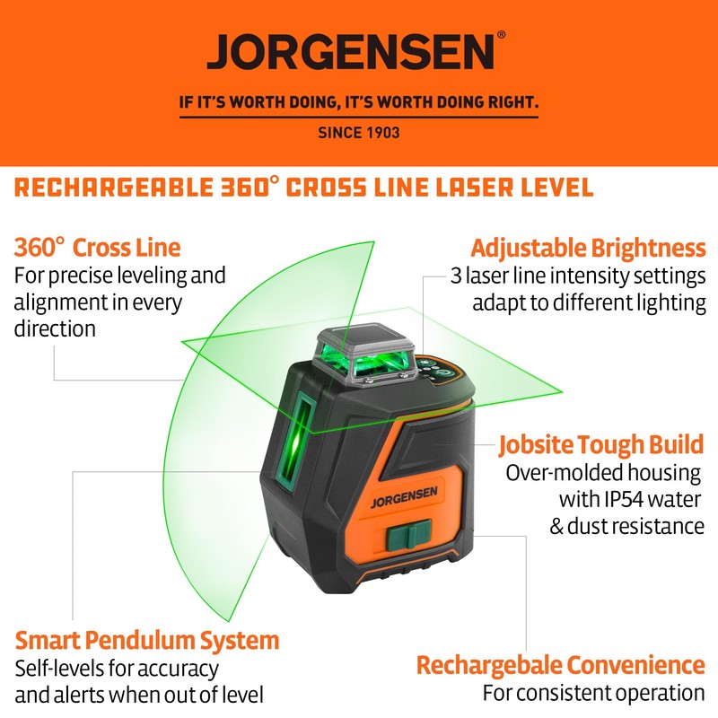 JORGENSEN 360° Laser Level with Tripod, 100 FT Rechargeable Self