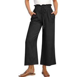 UEU Women's Summer Linen Pants Casual Elastic High Waist Wide Leg Capri Palazzo Trousers Fashion Boho Outfits- 25" Inseam (Black, XL)