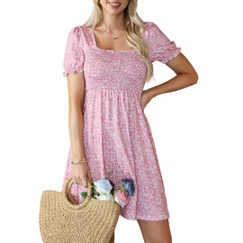 Naggoo Women's Summer Dresses Puff Short Sleeve Square Neck Casual Boho Floral Smocked A Line Flowy Beach Dresses with Pockets Pink XL