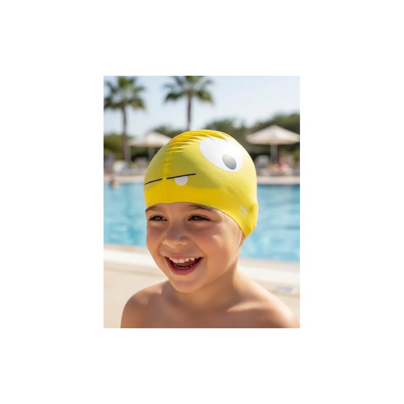 escualo Gorra de Natación Infantil, Silicona, Diseño Dino, Amarillo